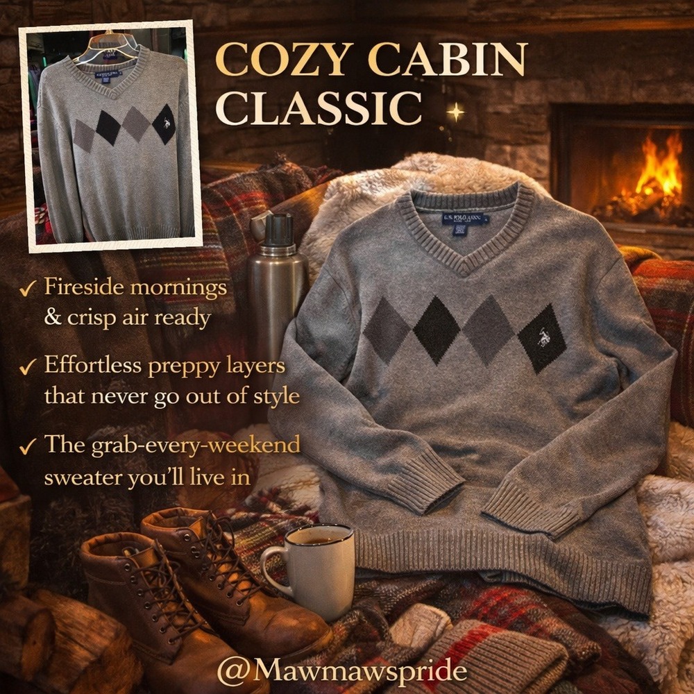 COZY CABINCORE ECLECTIC RETRO Gray Argyle V-Neck Sweater Cotton Blend Large